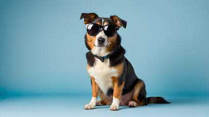 A cool-looking dog with glasses is sitting on a blue background. AI-Generated