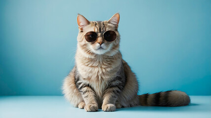 A cool-looking striped cat with glasses is sitting on a blue background. AI-Generated