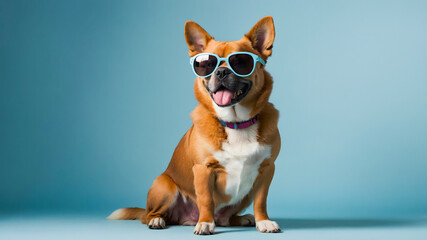 A cool-looking dog with glasses is sitting on a blue background. AI-Generated
