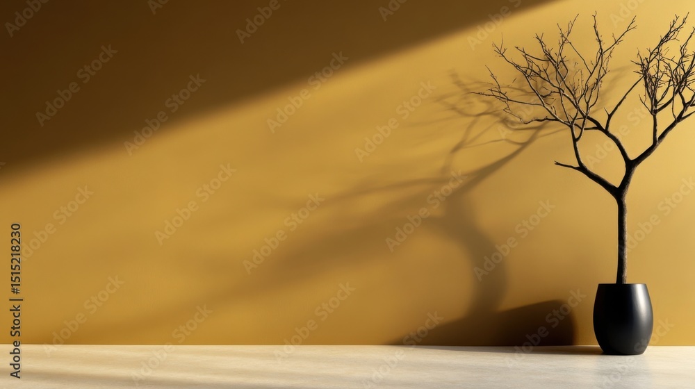 Poster a single bare branch sits in a dark vase on a light surface, creating striking shadows on a warm yel