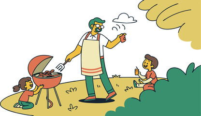 Father&rsquo;s Day Magic &ndash; Happy Dad Grilling with Kids in a Summer Park Best Dad Ever Vector Illustration