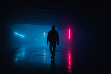 Fototapeta premium Silhouetted man walking alone under neon lights in dark city. generative AI