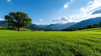 Fototapeta premium A vast expanse of vibrant green grass stretches across the landscape, punctuated by a solitary tree