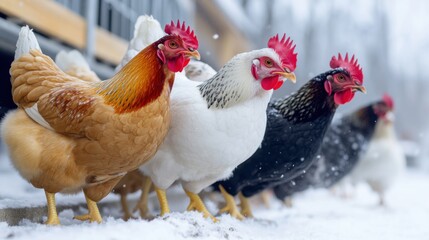 A group of chickens in various colors walks through a snowy area near a farm. The cold weather contrasts with their vibrant feathers as they search for food