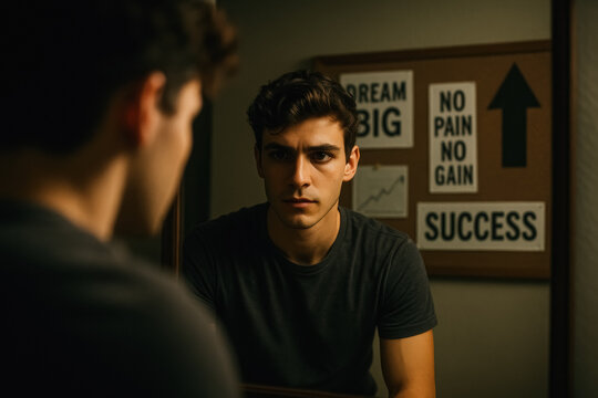 Motivated man looking in mirror with inspirational quotes on wall behind him. generative AI