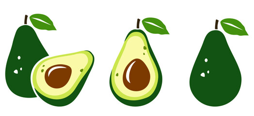 Avocado fruit. Whole and cut avocado isolated on a white background. Set of vector illustrations