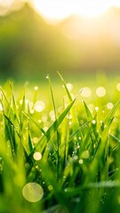 Fresh morning dew. Fresh grass with dew drops close up