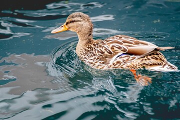 Fototapeta premium One Female Mallard Duck Swimming in Water. Lake Geneva, Switzerland