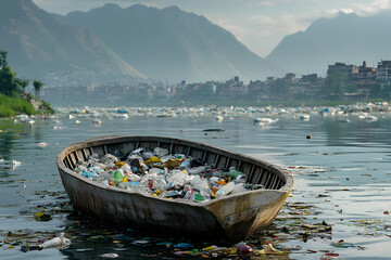 Fototapeta premium Wooden boat filled with plastic garbage, floating on a polluted lake, mountains and town visible in background.