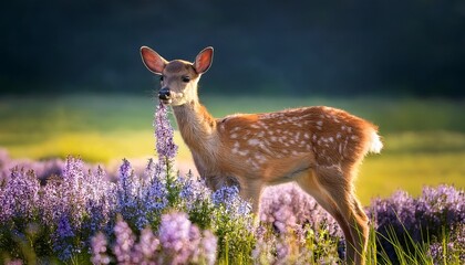 young deer smelling purple flowers in a meadow