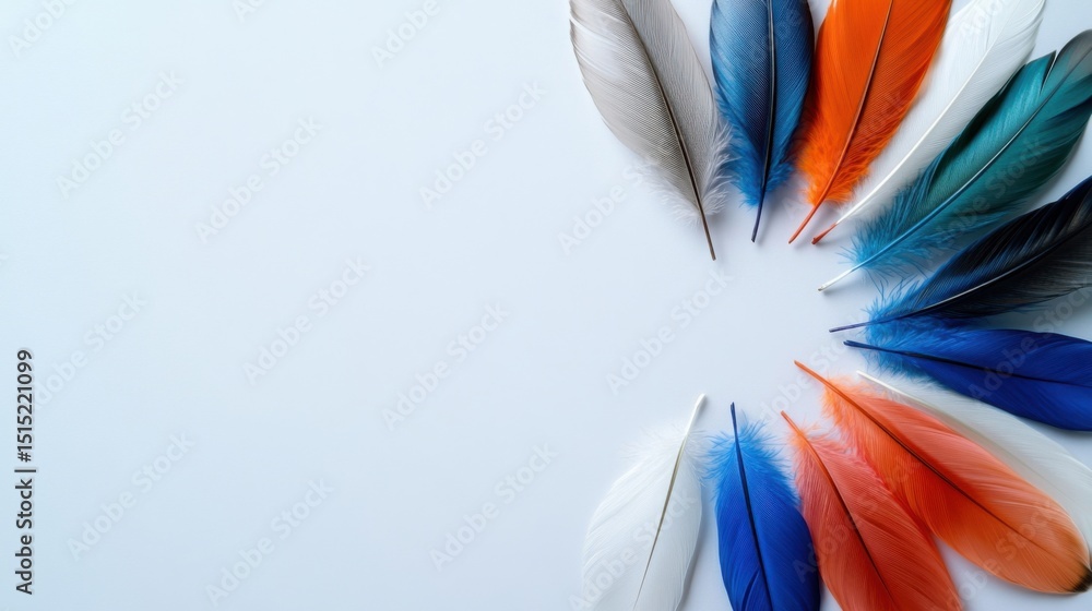 Poster feathers in various colors are arranged in a circular pattern on a light background, showcasing thei