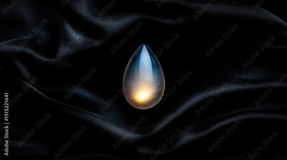Poster a delicate teardrop-shaped gemstone lies on luxurious black fabric. subtle light reflections highlig