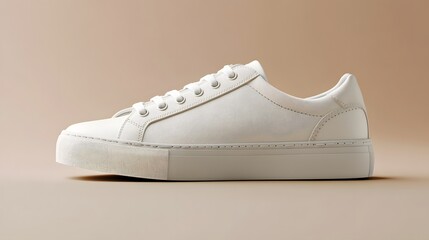 Side view of a pair of white leather sneakers.