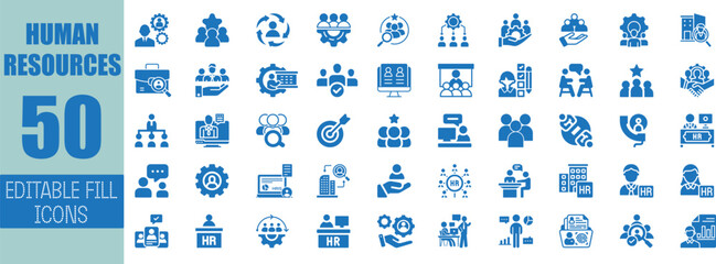 Fifty editable human resources icons blue glyphs