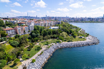 Moda District in Kadikoy. Istanbul, Turkey. Beautiful aerial view with drone shot.