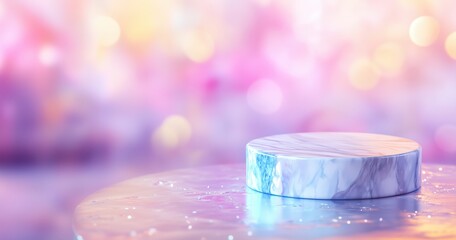 A circular marble podium placed on a shiny, reflective surface. The background is a dreamy, pastel or holographic gradient filled with soft hues of pink, purple, yellow, and blue.
