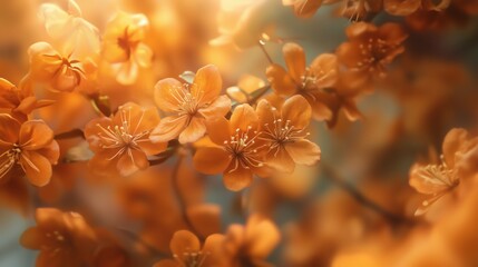 Vibrant orange tree flowers in full bloom, set against a warm, softly blurred background.