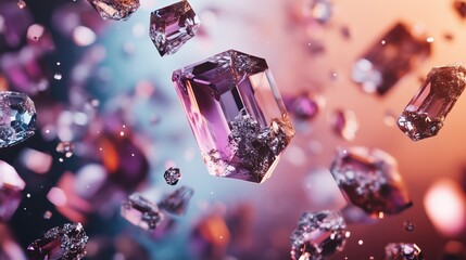 Levitating semi-precious stones, amethyst predominantly in shades of purple, pink and blue. The stones are cut with sharp facets, giving them a crystalline, gem-like appearance.