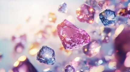 A dynamic scattering of semi-precious gemstones like amethyst and topaz floating in the air. The gemstones are primarily pink, purple, and blue.