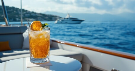 A refreshing cocktail in a glass with ice placed on a yacht with a luxurious maritime ocean background. Decorated with orange or lemon slice and mint branch.