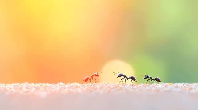 Macro photography of three ants on a textured surface with a soft, colorful bokeh background.  Illustrates teamwork, nature, insects, and macro photography.