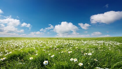 field of grass flowers cloud and blue sky