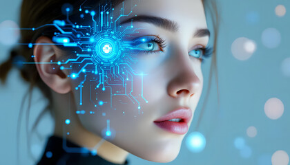 Woman’s Face Merged with Digital Circuits and Holograms