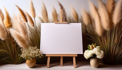 blank canvas mock up welcome signboard on a wooden easel decorated with flowers and pampas grass