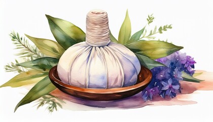 watercolor illustration of a herbal compress ball on a white background