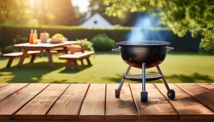 summer time in backyard with wooden table grill bbq and blurred background