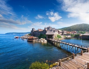coastal island village with fortifications and bridges