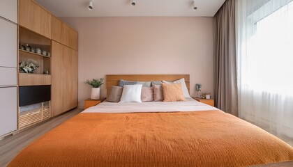 minimalist bedroom with wooden bed orange accents and pastel walls