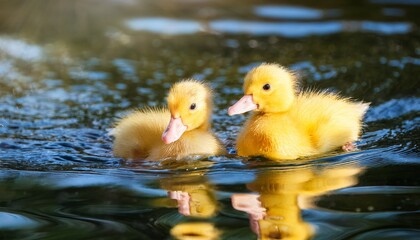 two fluffy yellow ducklings joyfully swimming together in the shimmering water displaying their charm