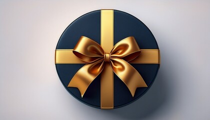 solid color round gift box with gold ribbon on white background generative ai
