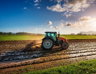 a vibrant tractor plows through a lush green field creating rich soil and mud under a sunny sky