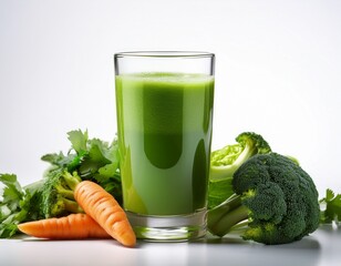 refreshing green juice with broccoli carrots and leafy greens on white background