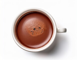 hot chocolate cocoa drink in white ceramic cup isolated on white background top view