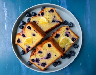blueberry lemon loaf slices with glaze overhead view showing vibrant color contrast perfect for tea time marketing and home baking visuals
