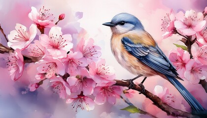 delightful watercolor of bird perched among blossoming pink flowers in springtime