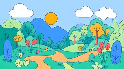 A colorful illustration of a scenic landscape.