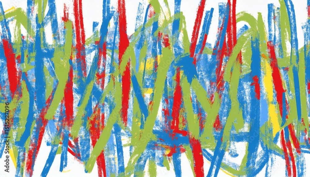 Poster dynamic abstract crayon strokes in red blue green and yellow over white background for expressive mo
