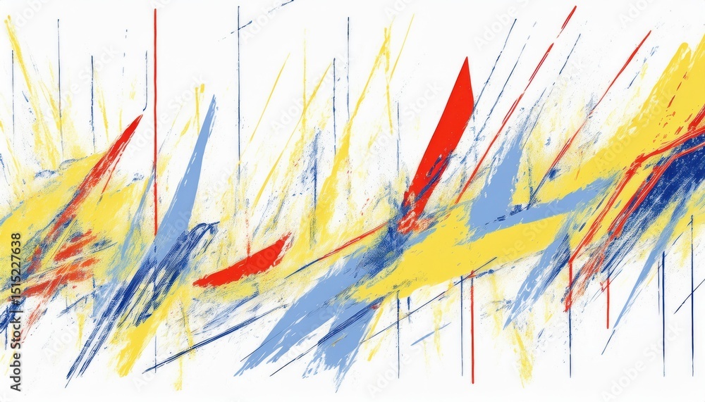 Poster dynamic abstract artwork with diagonal strokes in yellow, blue, and red on white background, ideal f