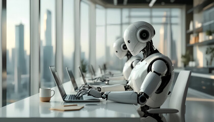 Futuristic Office with Humanoid Robots Working on Laptops in Modern Workspace