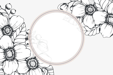 Round frame with hand drawn flowers. Black and white vector illustration.