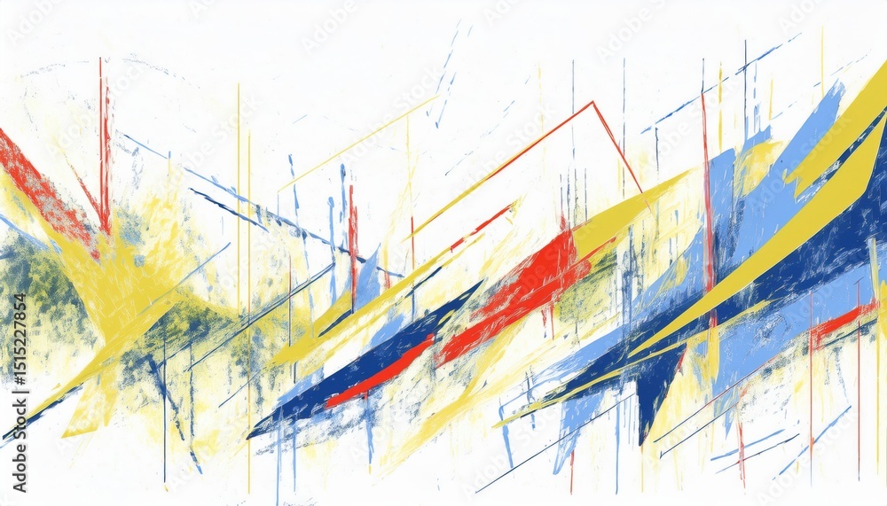 Poster dynamic abstract artwork with diagonal strokes in yellow, blue, and red on white background, ideal f