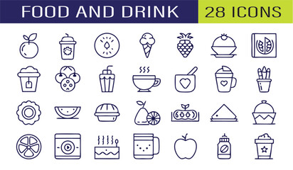 Collection of twenty eight cute outline icons of various food and drink items ready for use.