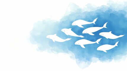 Silhouette of dolphins swimming in a watercolor ocean.  Concept of marine life, ocean conservation, and wildlife.