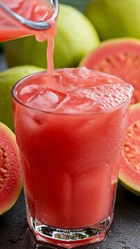 Pouring vibrant pink guava juice into a glass with ice, close-up with juicy tropical fruits in the background and natural sound included