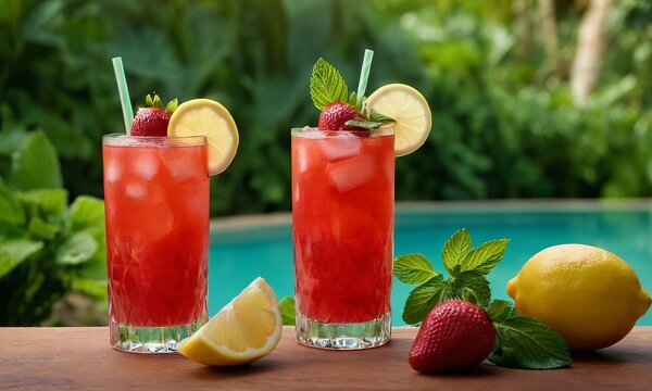Refreshing Strawberry Lemonade Cocktails by the Pool, A Tropical Summer Drink