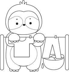 Outline of Funny baby sloth animal series stock illustration. Coloring pages of Slow life of fluffy sloth designs.